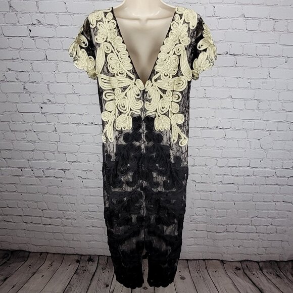 JS Collections Black Gold Overlay Lace Short Sleeve Lined Long Formal Dress 12 - Picture 2 of 14